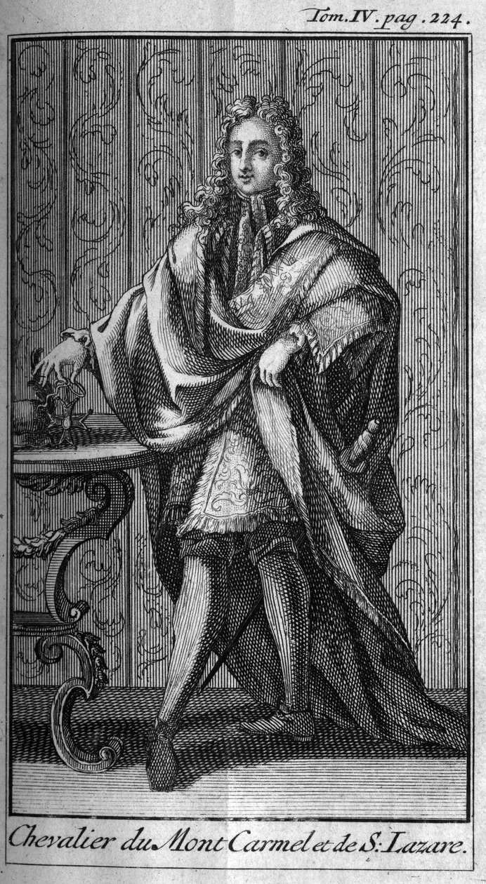 Ordens de Cavalaria. Cavaleiro do Monte Carmelo e São Lázaro na França, no século XVII. Na "História das ordens militares ou cavaleiros, das milícias seculiere e regulares de ambos os sexos, que foram estabelecidas até agora". Edição tirada de Abbe Giust de Unknown artist