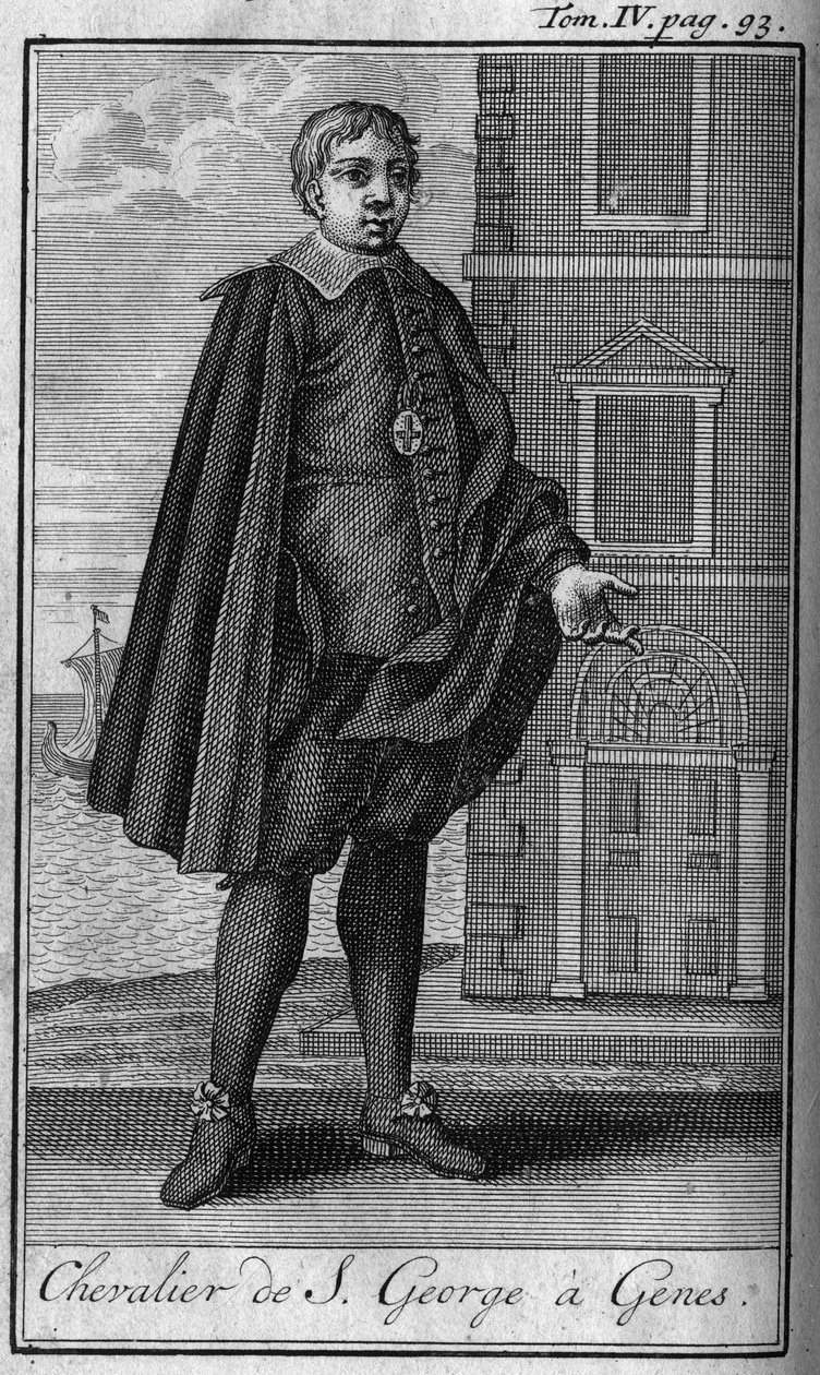 Ordens de Cavalaria. Cavaleiro de São Jorge a Genes (Genova italia Itália) Na "História das ordens militares ou cavaleiros, das milícias seguras e de rotina de ambos os sexos, que foram estabelecidas até agora. Edição tirada de Abbe Giustiniani, R.P.Bonani de Unknown artist