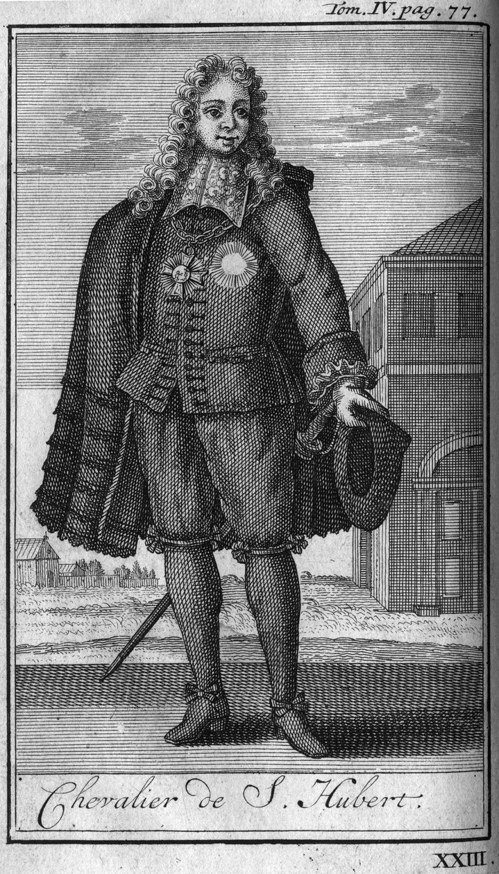 Ordens de Cavalaria. Cavaleiro de São Hubert ao Duche de Juliers no século XV Na "História das ordens militares ou cavaleiros, das milícias seculares e regulares de ambos os sexos, que foram estabelecidas até agora. Edição tirada de Abbe Giustiniani, R. de Unknown artist