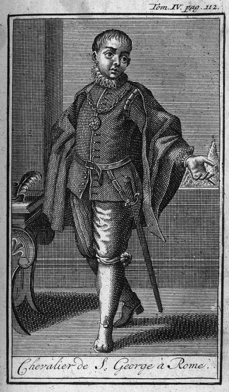 Ordens de Cavalaria. Cavaleiro de São Jorge em Roma, na Itália, no século XV. Na "História das ordens militares ou cavaleiros, das milícias seguras e rotineiras de ambos os sexos, que foram estabelecidas até o presente. Edição tirada de Abbe Giustiniani, de Unknown artist