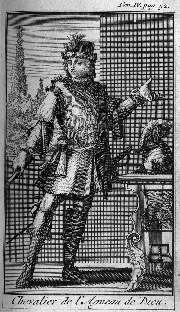 Ordens de Cavalaria. Cavaleiro do Cordeiro de Deus. Na "História das ordens militares ou cavaleiros, das milícias seguras e rotineiras de ambos os sexos, que foram estabelecidas até agora". Edição tirada de Abbe Giustiniani, R.P.Bonani, M. Herman, Schooneb de Unknown artist