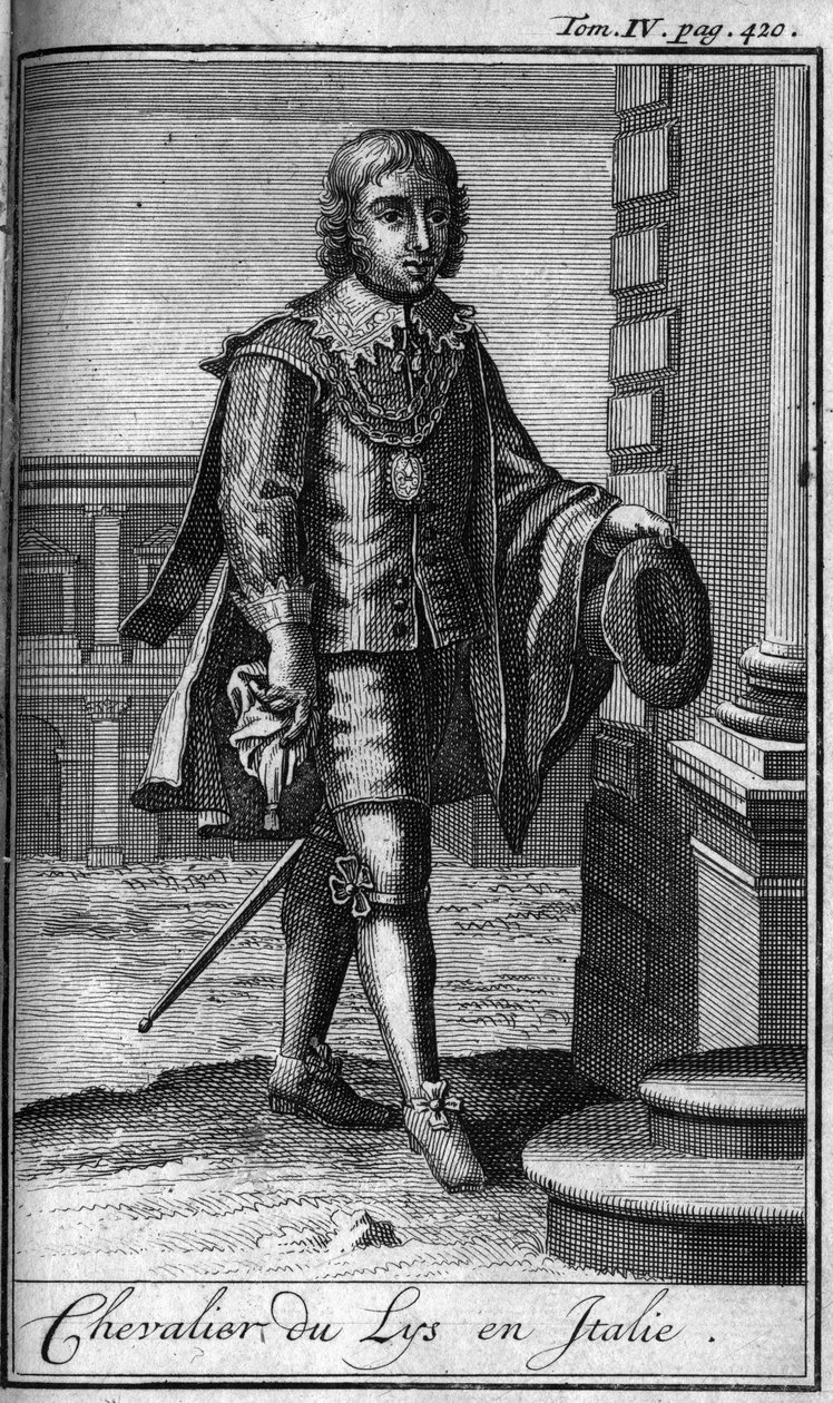 Ordens de Cavalaria. Cavaleiro do Lírio na Itália. Na "História das ordens militares ou cavaleiros, das milícias seguras e rotineiras de ambos os sexos, que foram estabelecidas até agora". Edição tirada de Abbe Giustiniani, R.P.Bonani, M. Herman, Schoonebe de Unknown artist