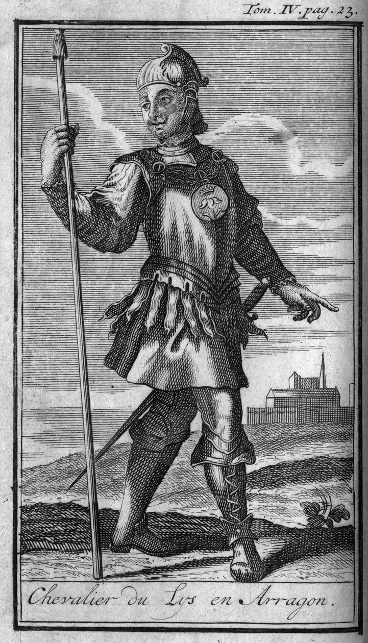 Ordens de Cavalaria. Cavaleiro da Ordem de Lírios em Arragon no século XV Em "História das ordens militares ou cavaleiros, dos seculieres e milícias regulares de ambos os sexos, que foram estabelecidas até agora. Edição tirada de Abbe Giustiniani, R.P.Bo de Unknown artist