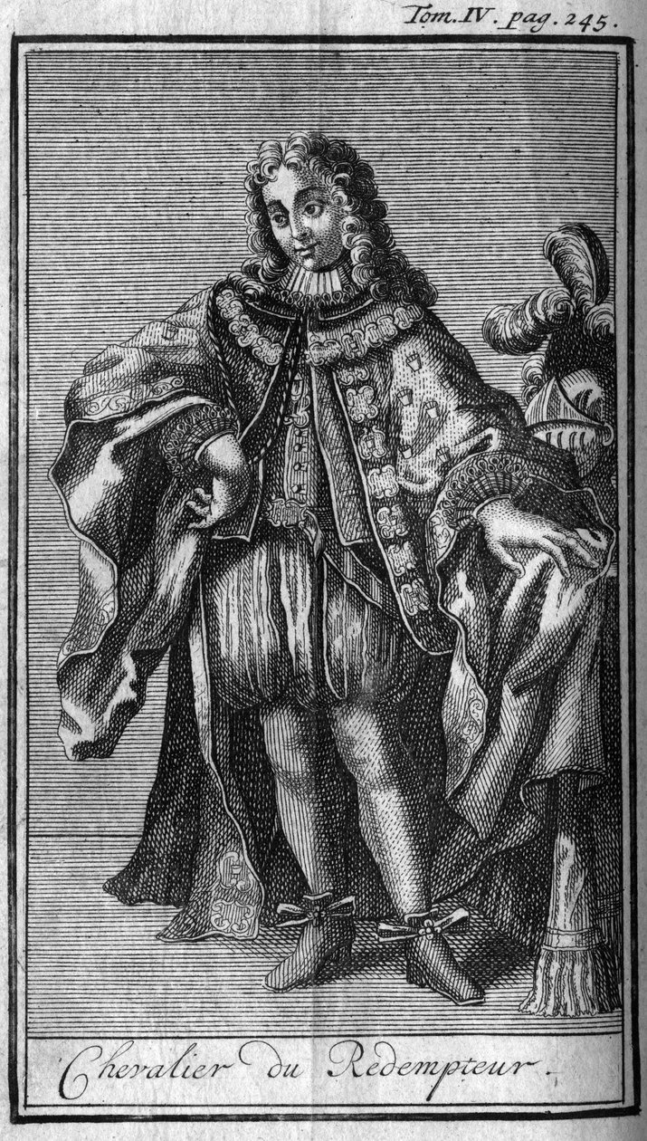 Ordens de Cavalaria. Cavaleiro do Redentor ou o sangue precioso de Jesus no Duche de Mântua (Mantova), no século XVII. Na "História das ordens militares ou dos cavaleiros, das milícias seguras e rotineiras de ambos os sexos, que se estabeleceram tão fa de Unknown artist