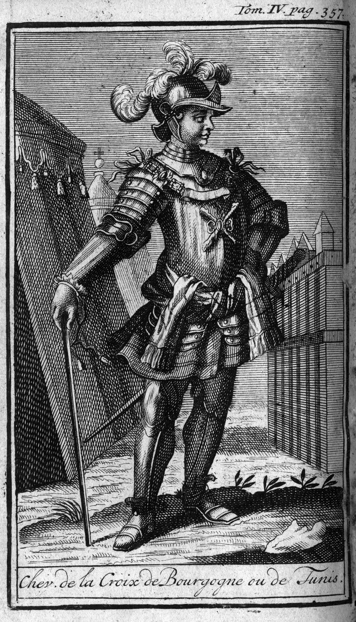 Ordens de Cavalaria. Cavaleiro da Cruz de Borgonha ou Tunísia. Na "História das ordens militares ou cavaleiros, das milícias seguras e de rotina de ambos os sexos, que foram estabelecidas até agora. Edição tirada de Abbe Giustiniani, R.P.Bonani, M. Herman, de Unknown artist