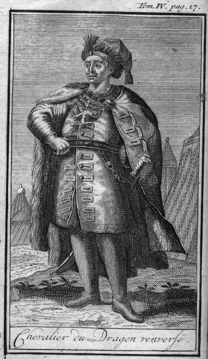 Ordens de Cavalaria. O Cavaleiro do Dragão vira-se. Na "História das ordens militares ou cavaleiros, das milícias seguras e rotineiras de ambos os sexos, que foram estabelecidas até agora". Edição tirada de Abbe Giustiniani, R.P.Bonani, M. Herman, Schooneb de Unknown artist
