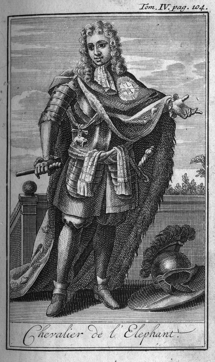 Ordens de Cavalaria. Cavaleiro do elefante na Dinamarca, no século XV. Na "História das ordens militares ou cavaleiros, das milícias seguras e de rotina de ambos os sexos, que foram estabelecidas até agora. Edição tirada de Abbe Giustiniani, R.P.Bonani, M de Unknown artist