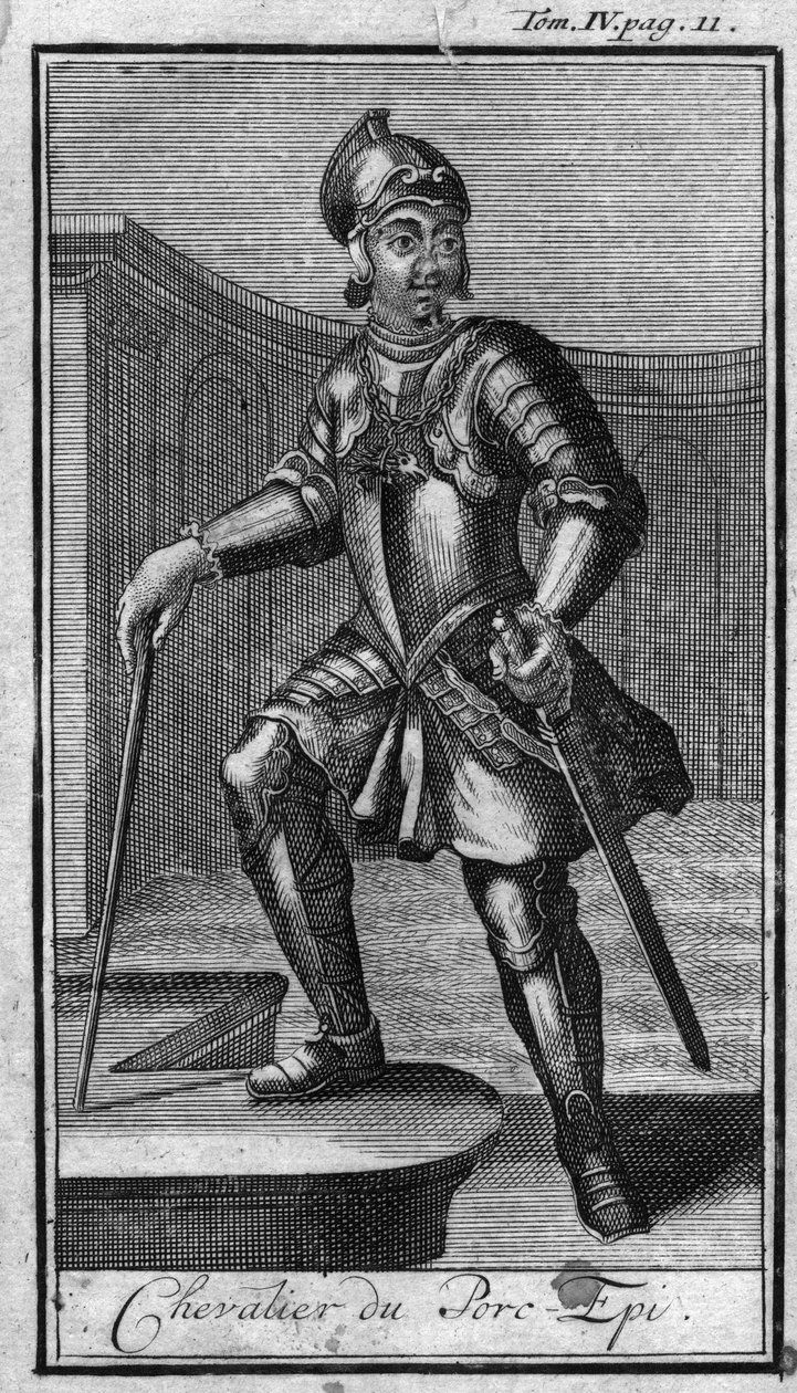 Ordens de Cavalaria. Cavaleiro do Porco épico ou Camail. Na "História das ordens militares ou cavaleiros, das milícias seguras e rotineiras de ambos os sexos, que foram estabelecidas até agora". Edição tirada de Abbe Giustiniani, R.P.Bonani, M. Herman, Sch de Unknown artist