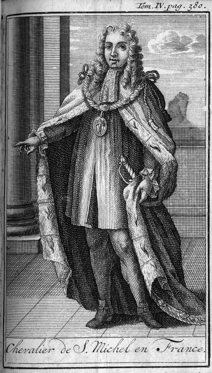 Ordens de Cavaleiro.Chevalier de Saint Michel em França, no século XV. Na "História das ordens militares ou cavaleiros, dos seculieres e milícias regulares de ambos os sexos, que foram estabelecidas até agora. Edição tirada de Abbe Giustiniani, R.P.Bonan de Unknown artist