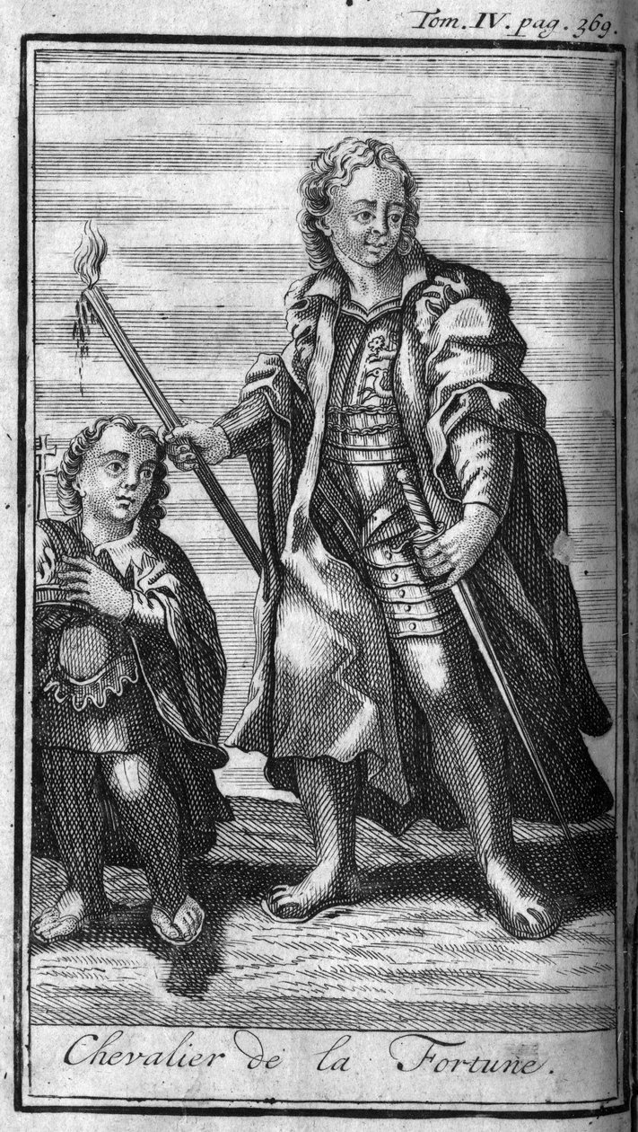 Ordens de Knight.Knight of Fortune na Itália. Na "História das ordens militares ou cavaleiros, das milícias seguras e de rotina de ambos os sexos, que foram estabelecidas até agora. Edição tirada de Abbe Giustiniani, R.P.Bonani, M. Herman, Schoonebeek, R.P de Unknown artist