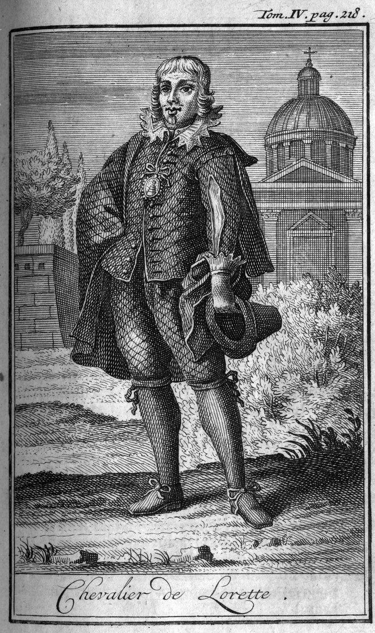 Ordens do Knight. Chevalier de Lorette em França, no século XVI. Na "História das ordens militares ou cavaleiros, das milícias seguras e de rotina de ambos os sexos, que foram estabelecidas até agora. Edição tirada de Abbe Giustiniani, R.P.Bonani, M. Her de Unknown artist