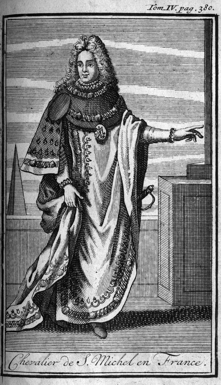 Ordens do Knight. Chevalier de Saint Michel em França, no século XV. Na "História das ordens militares ou cavaleiros, das milícias seguras e de rotina de ambos os sexos, que foram estabelecidas até agora. Edição tirada de Abbe Giustiniani, R.P.Bonani, M de Unknown artist