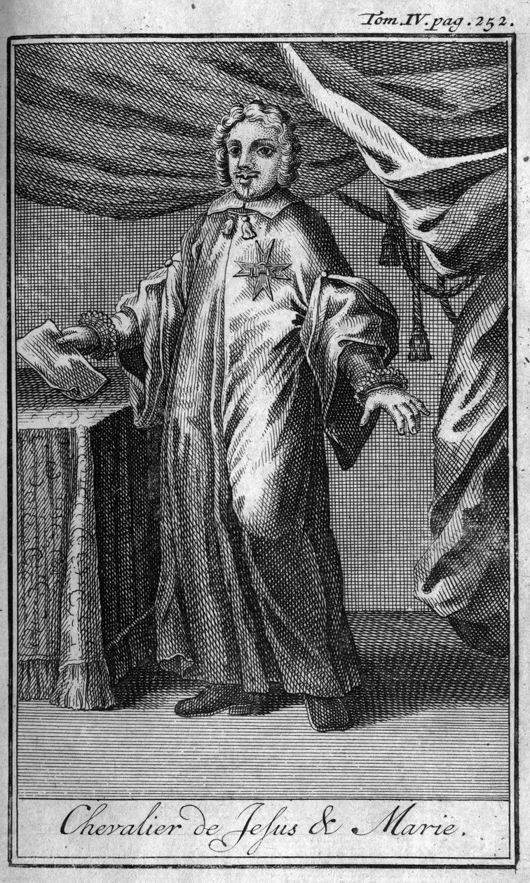 Ordens do Knight. Cavaleiro de Jesus e Maria na Itália, no século XVII. Na "História das ordens militares ou cavaleiros, das milícias seguras e rotineiras de ambos os sexos, que foram estabelecidas até agora". Edição tirada de Abbe Giustiniani, R.P.Bonani, de Unknown artist