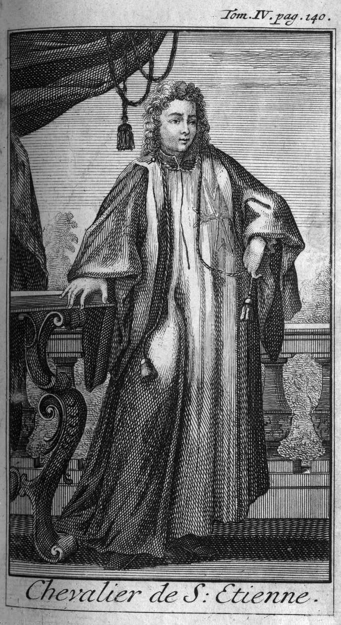 Ordens do Knight. Cavaleiro de Santo Estêvão na Toscana, no século XVI. Na "História das ordens militares ou cavaleiros, das milícias seguras e rotineiras de ambos os sexos, que foram estabelecidas até agora". Edição tirada de Abbe Giustiniani, R.P.Bonani, de Unknown artist