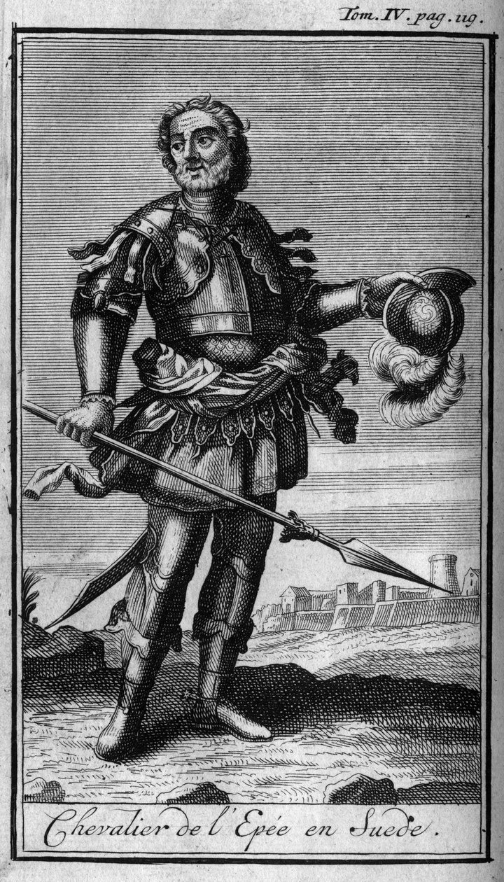 Ordens do Knight. Cavaleiro da Espada na Suécia, no século XVI. Na "História das ordens militares ou cavaleiros, das milícias seguras e de rotina de ambos os sexos, que foram estabelecidas até agora. Edição tirada de Abbe Giustiniani, R.P.Bonani, M. Her de Unknown artist