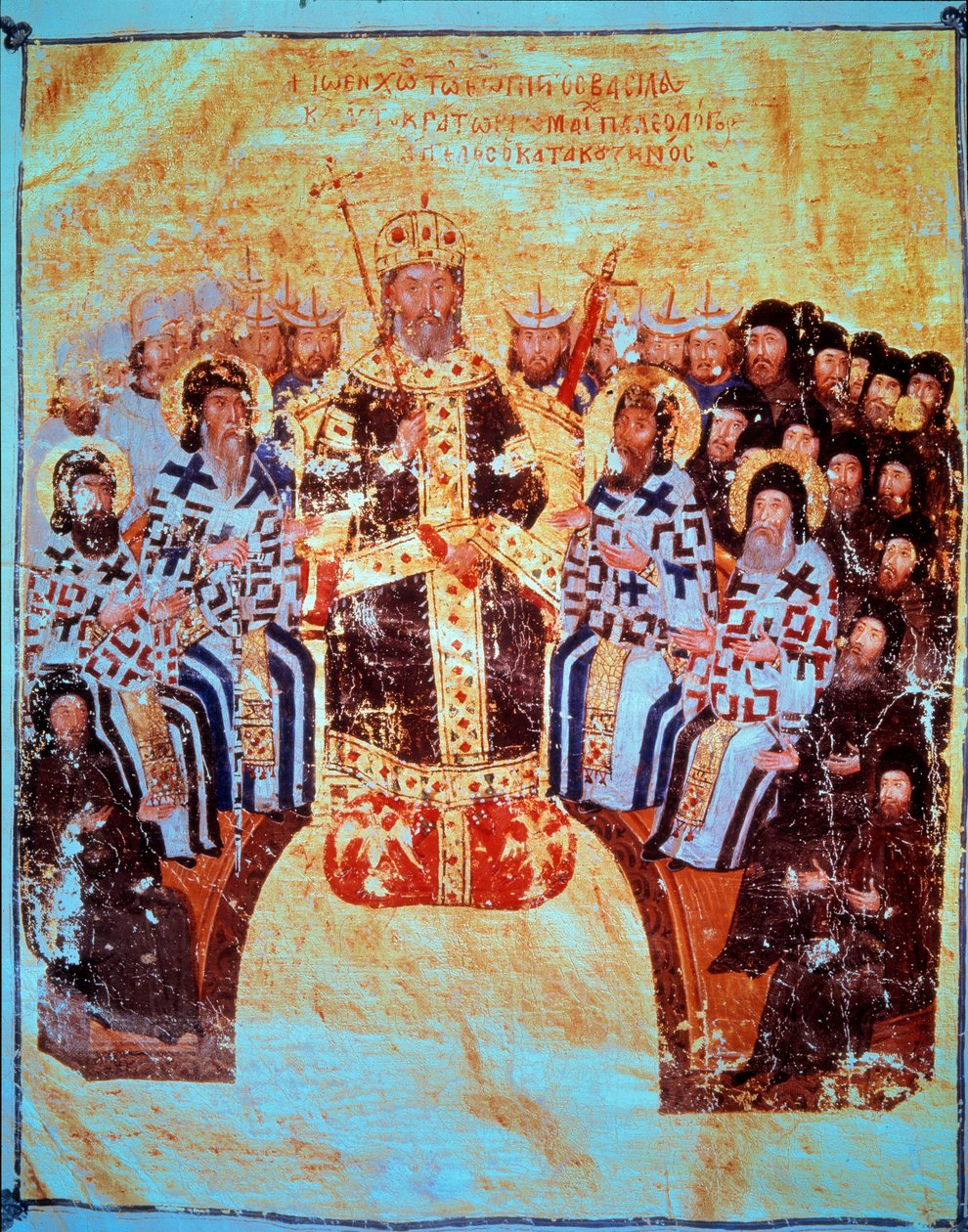 Religião ortodoxa: "O Imperador Bizantino João VI Cantacuzeno (1293-1354) presidindo o Conselho de Constantinopla de 18/05/1351" Miniatura tirada de "Obras Teológicas" 1370-1375 Paris, B.N. de Unknown artist
