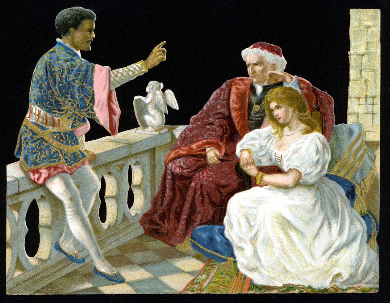 Othello, Desdemone e Iago - in Othello or the Moor of Venice" de Shakespeare (1604). Cromolitografia do século XIX". de Unknown artist