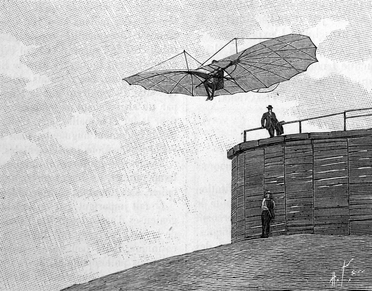 Otto Lilienthal (1848-1896), pioneiro da aeronáutica alemã, saltando da sua torre de madeira com o seu avião voador (a partir de uma fotografia instantânea). Gravura em "La Nature: Revue des sciences et de leurs applications aux arts et a l