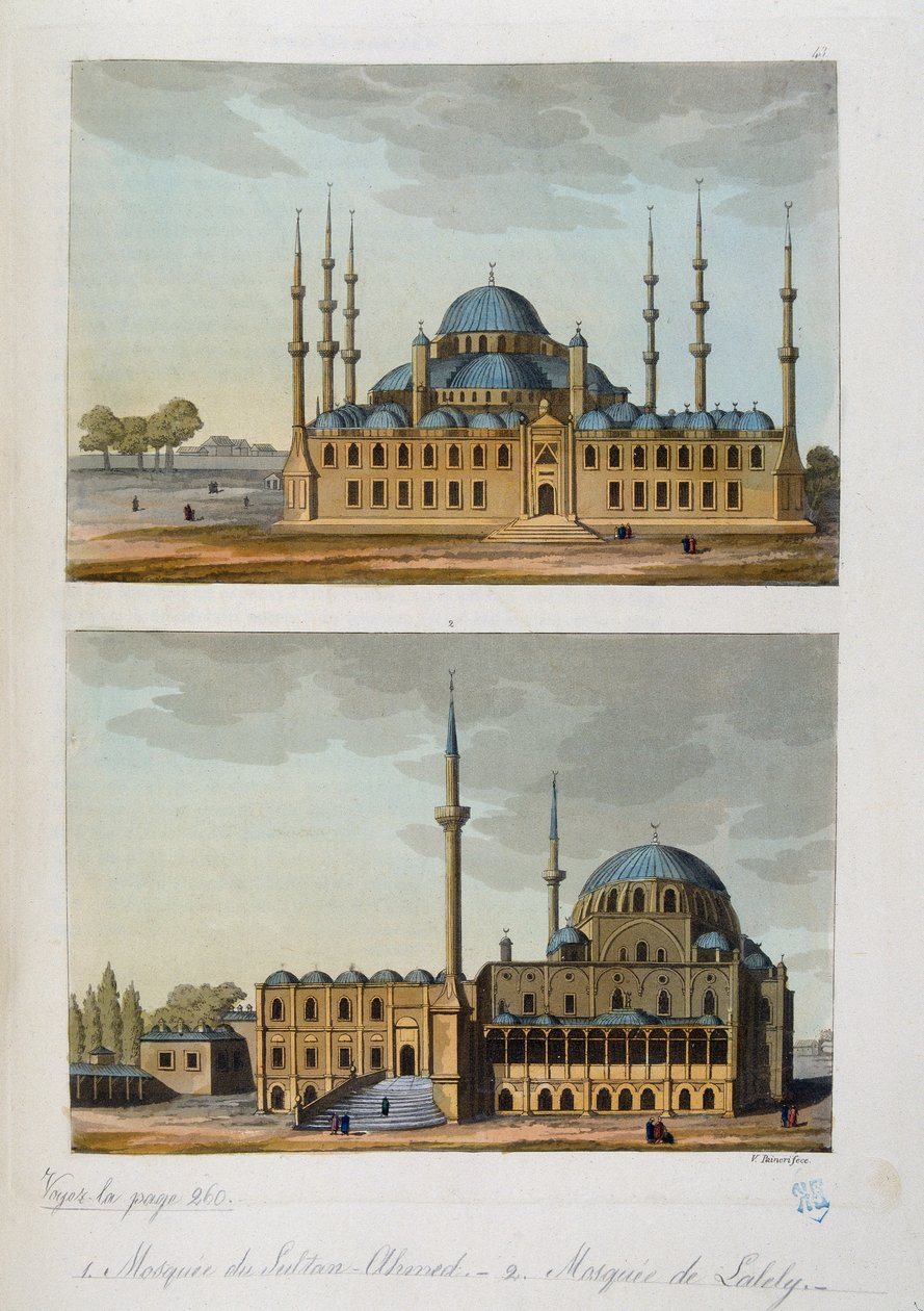 Império Otomano: Mosquee Azul (ou Sultanahmet Camii) construído pelo Sultão Ahmet (Ahmed) I e Mosquee de Laleli em Istambul - em "O traje antigo e moderno" de Ferrario, ed Milan de Unknown artist