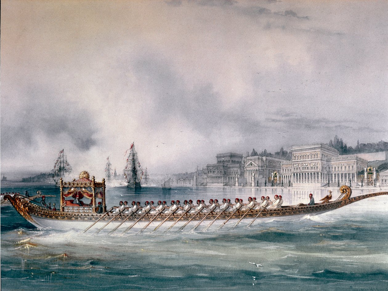 Império Otomano: "Representação do barco do Sultão no Bósforo em Istambul" O Palácio Ciragan é visível. Detalhe. Pintura do final do século XIX. Istambul, Museu Naval de Unknown artist