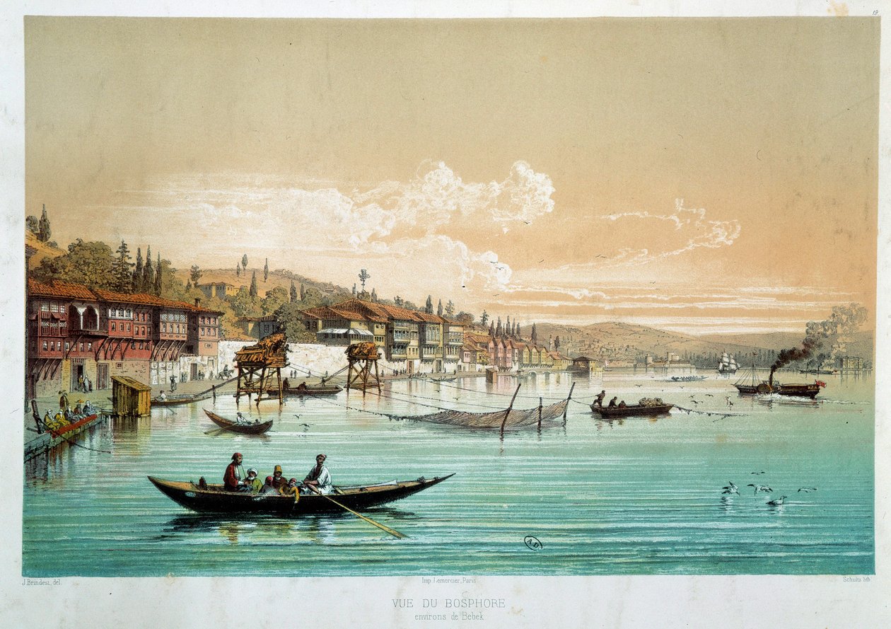 Império Otomano: "Vista do Bósforo nos arredores de Bebek, na Turquia" Cenas de pesca. Gravura de Paris do século XIX, Artes Decorativas de Unknown artist