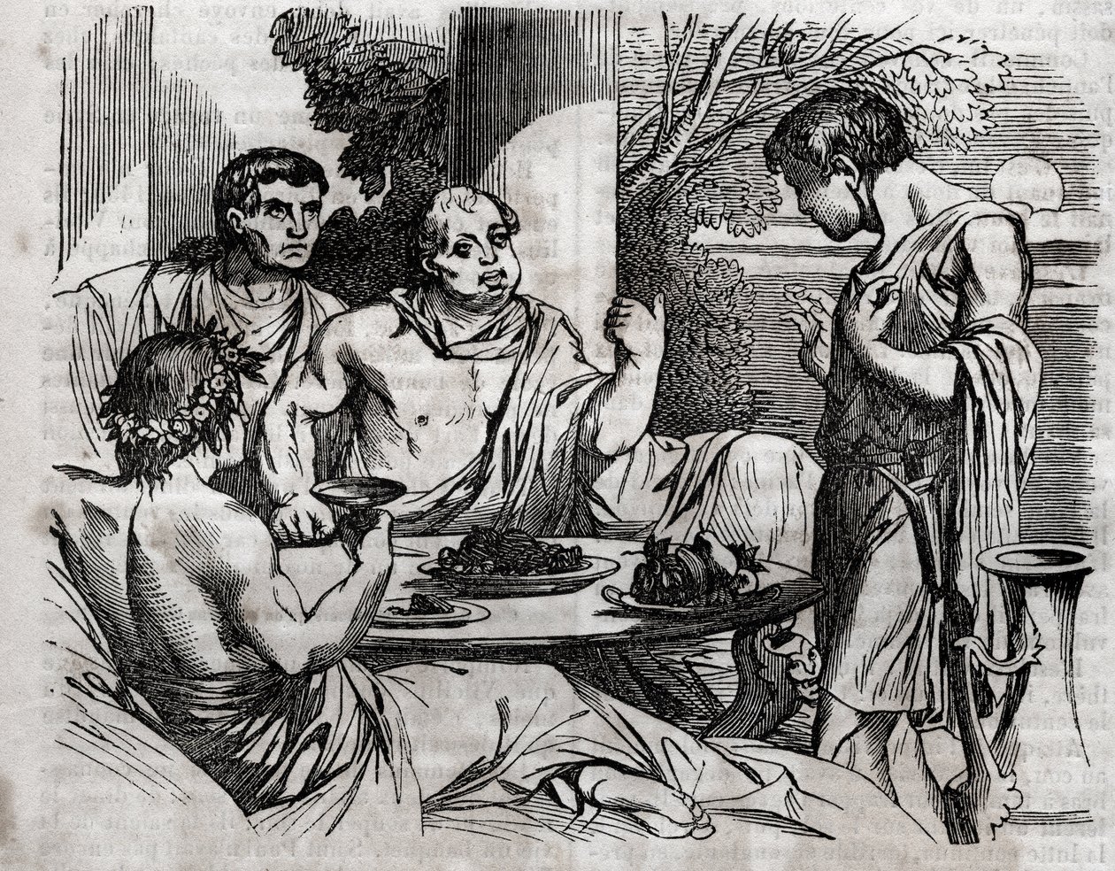 Cena do banquete ao ar livre - Vitellius (Aulus Vitellius Germanicus Imperator Augustus) Imperador romano (15-69) dando um banquete - gravação em "The Universal Health - Medical Guide for Families" 1852 de Unknown artist
