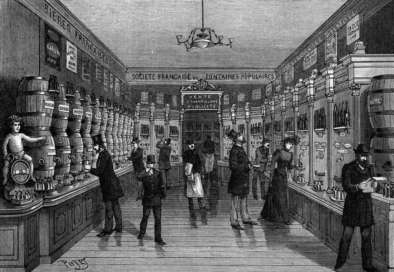 Vista geral de um bar com máquinas automáticas de venda, rue Montmartre, em Paris. Gravura em "La Nature: Revue des sciences et de leurs applications aux arts et a l