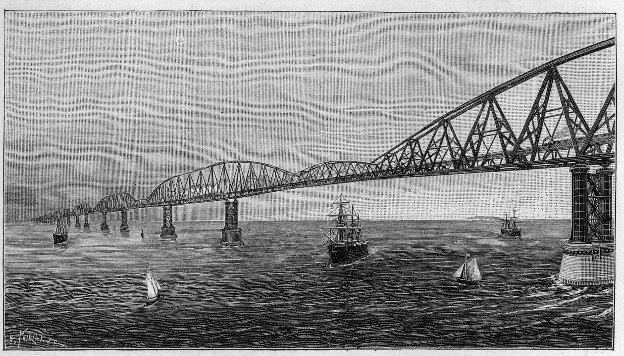 Vista geral da Ponte sobre o Canal, projecto de uma ponte que atravessa o Canal para ligar a França à Inglaterra. Gravação em "La Nature. Revue des sciences et de ses applications aux arts et a l