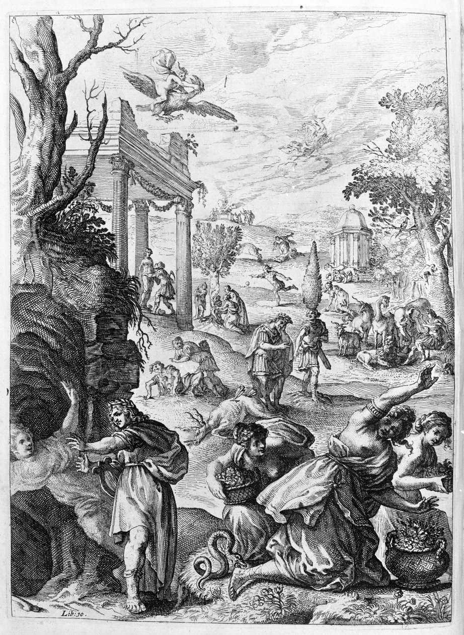 Ovide (Ovidius) - ilustração para o livro 15 - (P. Ovidii Nasonis Metamorphose libri XV um notis TH. Farnabii.) nota de Thomas Farnaby (Farnabia) (1575-1647) de Unknown artist