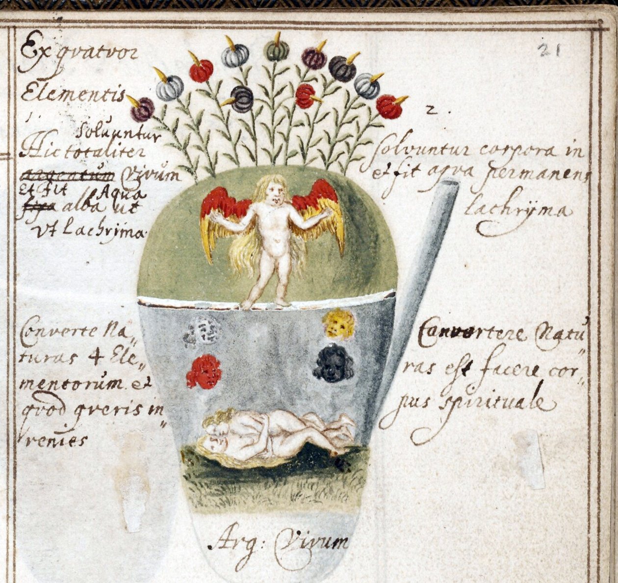 Página de um caderno alquímico, um casal e um anjo - Trabalho de Johann Grasshoff (Grasshof ou Grasse) (1560-1623), aguarela sobre pergaminho (14,6x10 cm), c. 1620 - (Caderno alquímico, aguarela sobre pergaminho de J. Grasshoff, c. 1620) - Universidade de  de Unknown artist