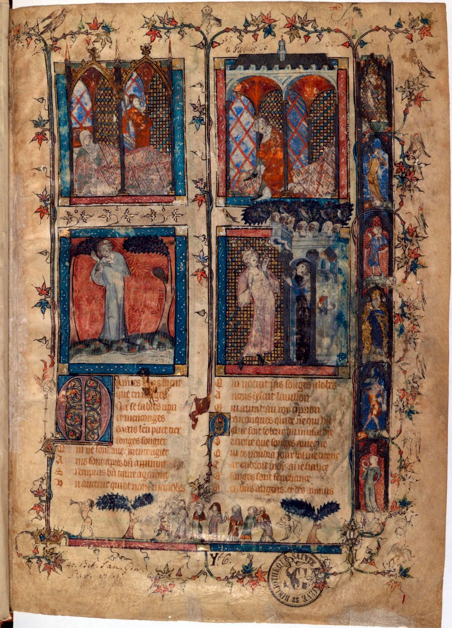 Página iluminada tirada do manuscrito ""Le Roman de la Rose"" de Guillaume de Lorris (por volta de 1200-1238) e Jean de Meun (Meung) (1240-1305) por volta de 1353 Suíça Bibliotheque de Geneve de Unknown artist
