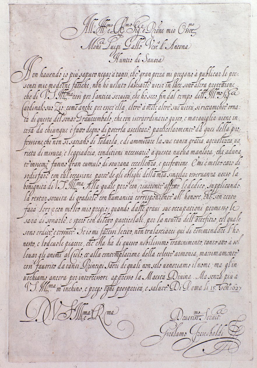 Página de Tocrate" de Girolamo Frescobaldi (1583-1643) compositor italiano" 1637. Bolonha, Museu Cívico de Unknown artist