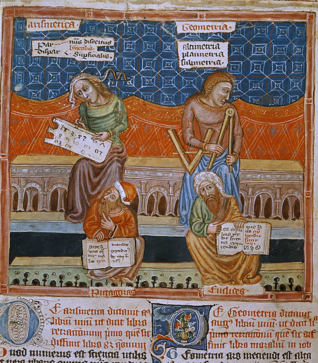 Página de um manuscrito representando as alegorias da aritmética e da geometria (manuscrito) de Unknown artist