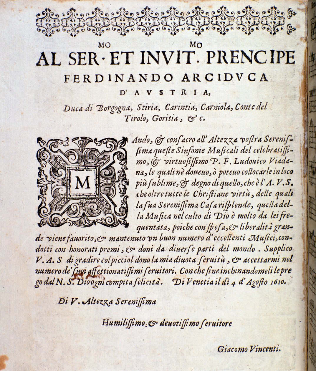 Página de dedicace a Ferdinand da Áustria na partitura musical de Sinfonie musicali de Ludovico Viadana de Unknown artist