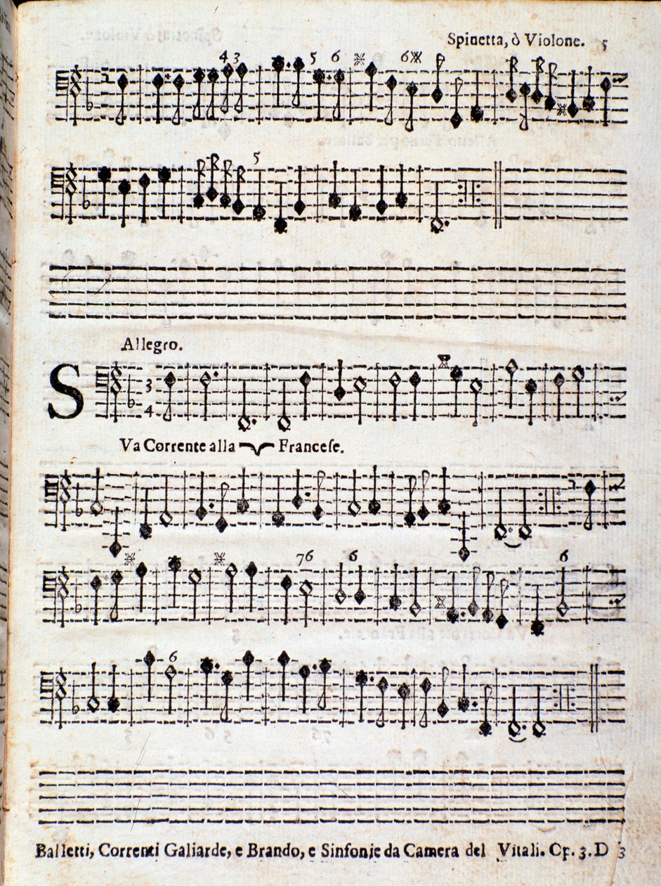 Página da partitura musical do Balletti, correnti alla francese opus 3 de Giovanni Battista Vitali de Unknown artist