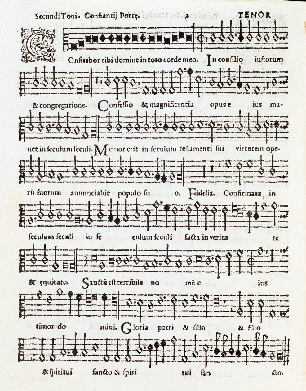 Página de partitura musical do salmo Confitebor tibi dominine dedicada a Palestrina por Costanzo Porta de Unknown artist