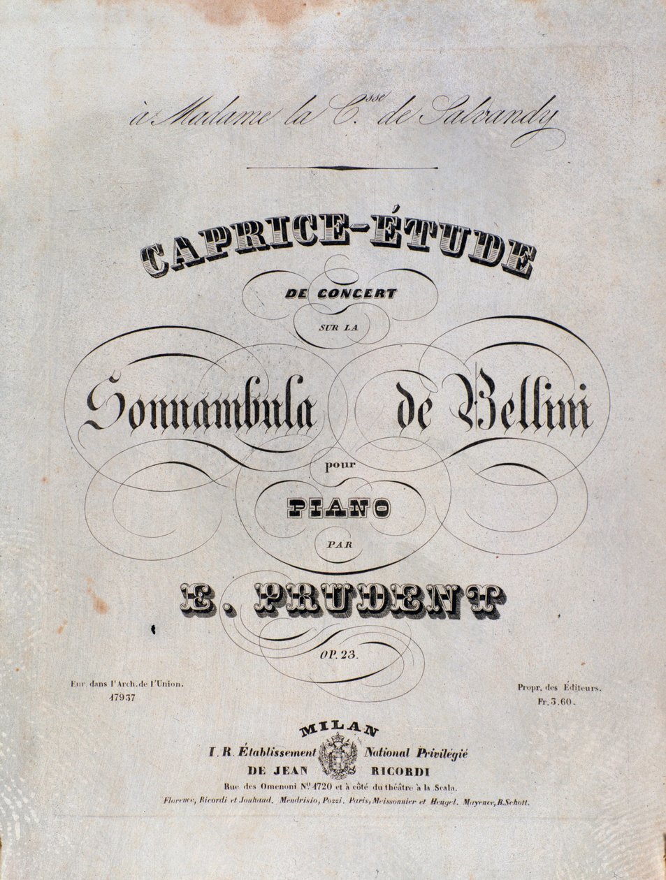 Página da partitura para um estudo de Caprice-study para piano de Emile Prudent baseado em La sonnambula de Vincenzo Bellini de Unknown artist