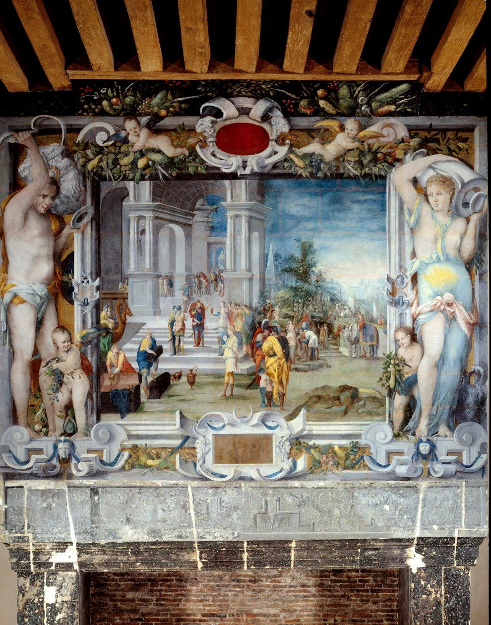 Lareira pintada no topo da sala de armas, representando Salomão e a Rainha de Sabá. de Unknown artist