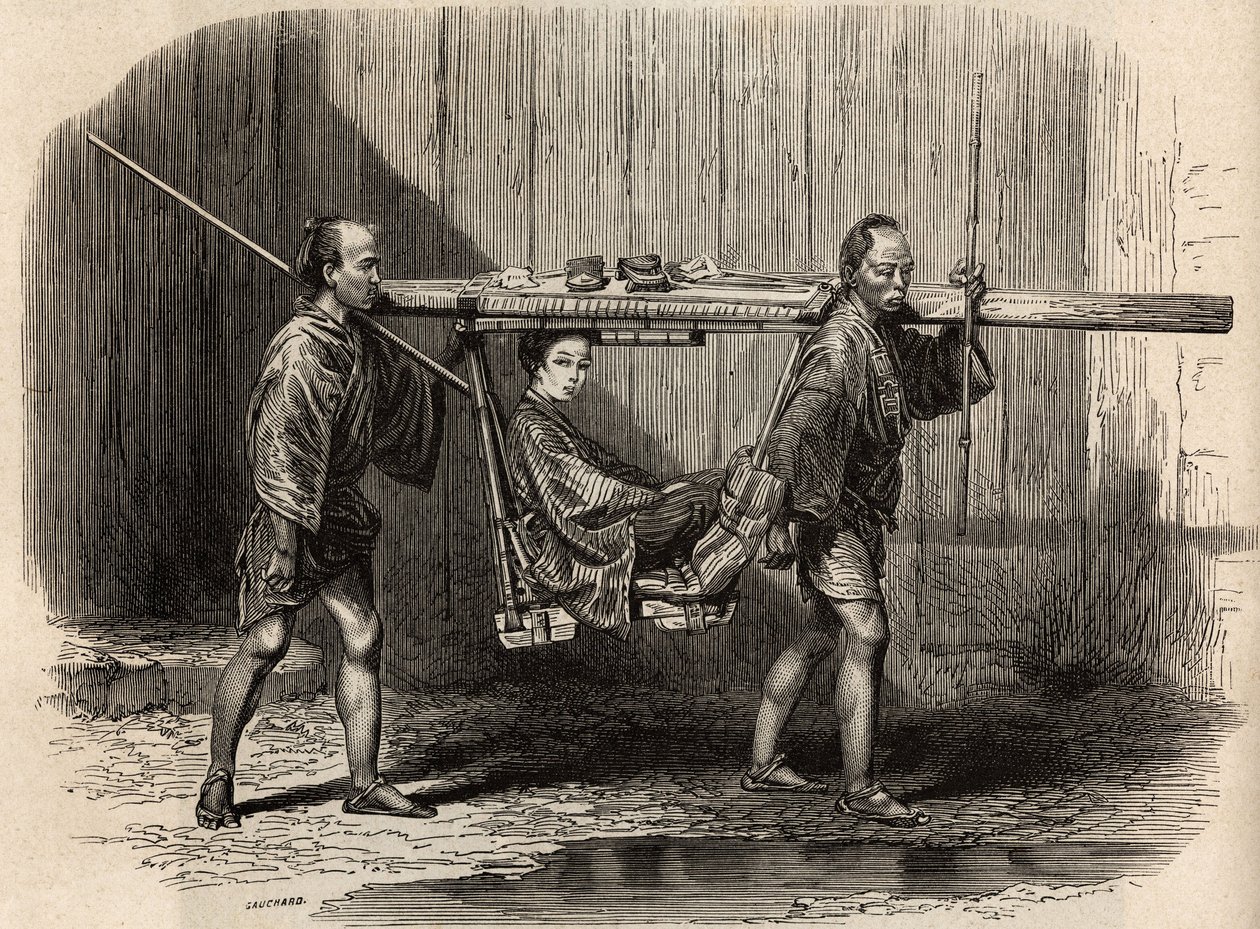 Palanquin tem o uso do povo, aberto, o usuário coloca seus pertences no telhado antes de se instalar para fazer a sua viagem. Gravura para ilustrar a viagem ao Japão em 1863-1864, de Aime Humbert, ministro da Confederação Suíça, em "Le tour du monde de Unknown artist