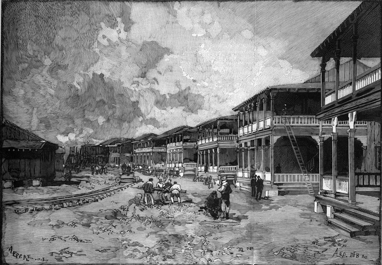 Canal do Panamá. Rua da nova cidade de Cristóvão Colombo a Colon: habitação dos trabalhadores. Gravura no "Le Monde Illustré". de Unknown artist
