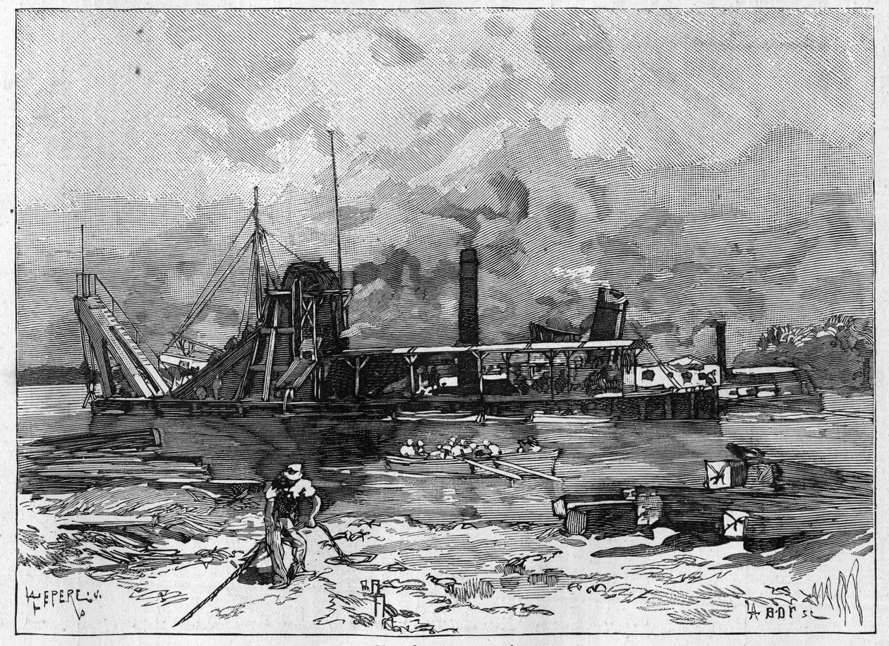 O Canal do Panamá funciona. Máquinas principais: uma draga e sua válvula. Gravação em "Le Monde Illustré". de Unknown artist