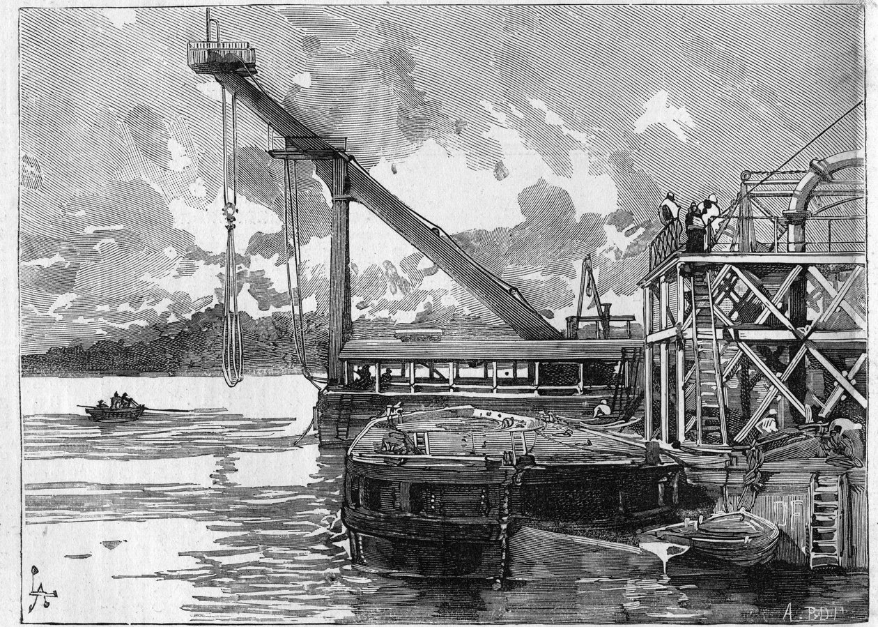 O Canal do Panamá funciona. Máquinas principais: o pontão Bigue. Gravura no "Le Monde Illustré". de Unknown artist