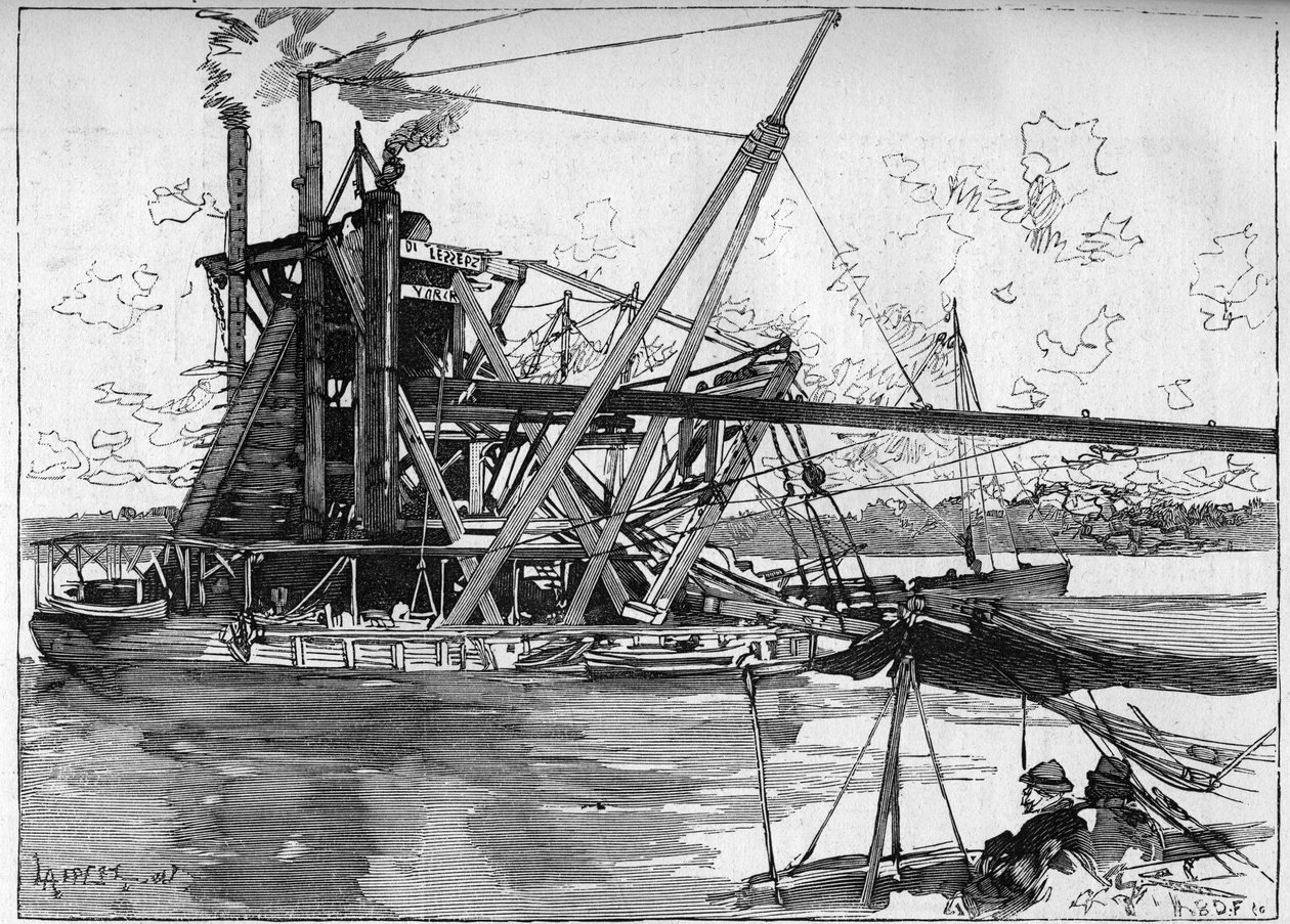 O Canal do Panamá funciona. Máquinas principais: a grande draga americana. Gravura no "Le Monde Illustré". de Unknown artist