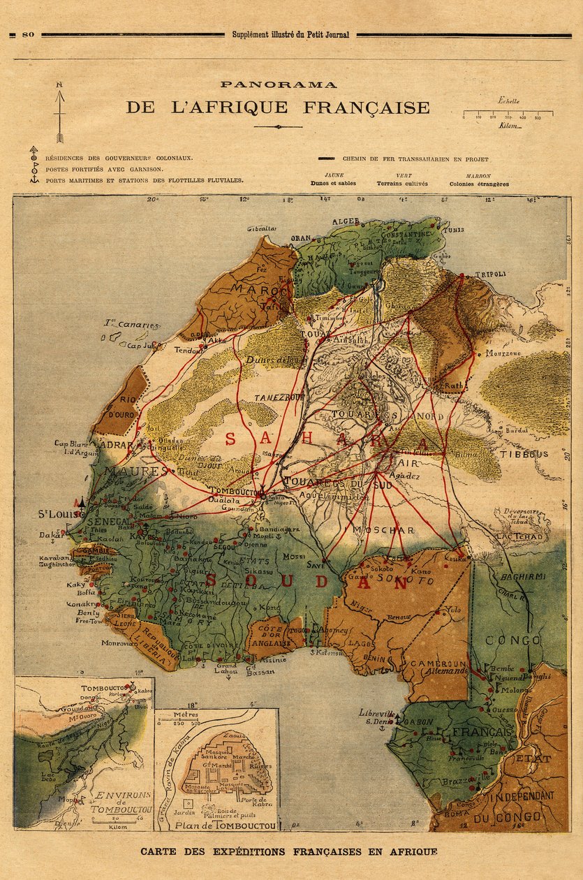 Panorama da África Francesa, mapa das expedições francesas em África. Gravura no "Le petit journal" 5/03/1894. Colecção da Selva. de Unknown artist
