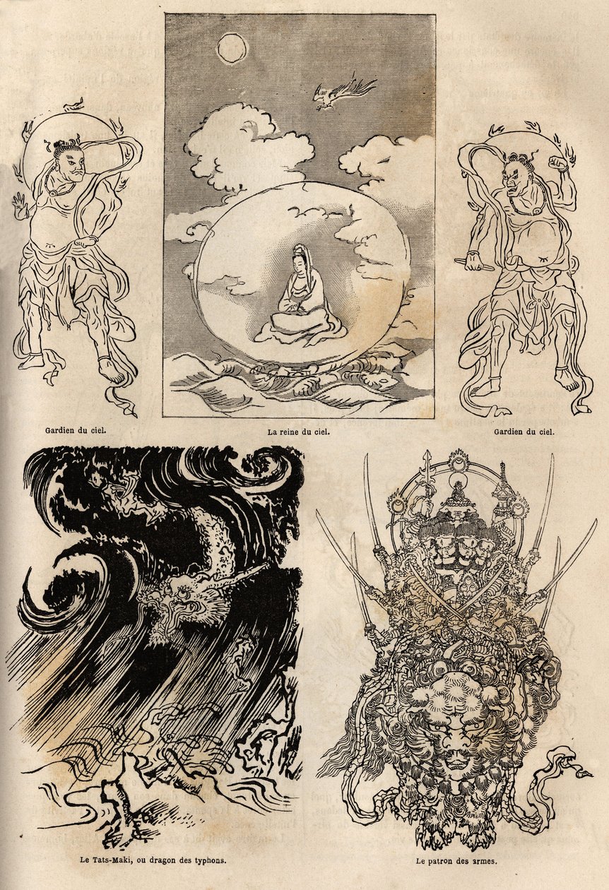 Panteão das divindades japonesas, representação tradicional de algumas figuras típicas: a rainha do céu ladeada por dois guardas; os Maki Tats, dragão do tufão e o chefe de armas. Gravura para ilustrar a viagem ao Japão em 1863-1864, de Aime Humbert, m de Unknown artist