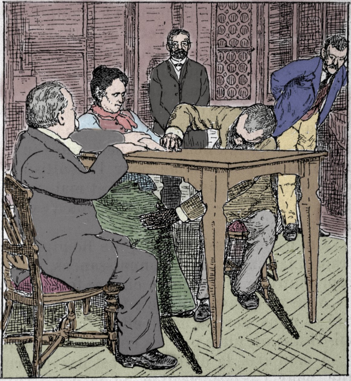 Fenômenos paranormais: experiência de levantar uma mesa em Milão em 1892 com a presença da média Eusapia Paladino e Cesare Lombroso (1835-1909) e Charles Richet (1835-1909). de Unknown artist