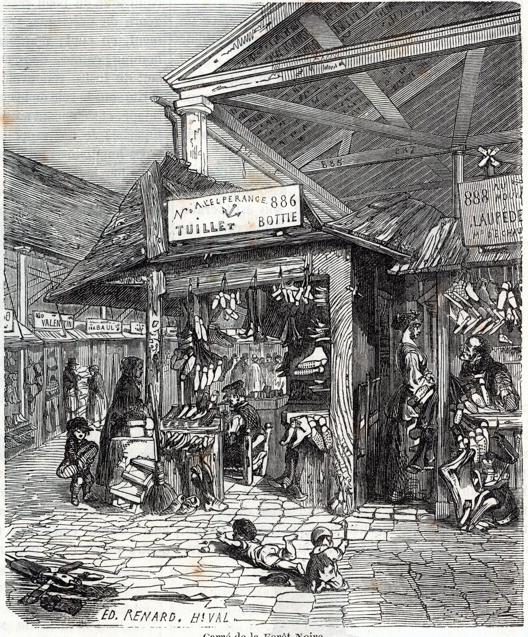Paris 3º arrondissement - Carre de la Foret-Noire: venda de couro e calçado no Carreau du Temple no século XIX - Gravura em "Tableau-de-Paris" de Edmond Texier de Unknown artist