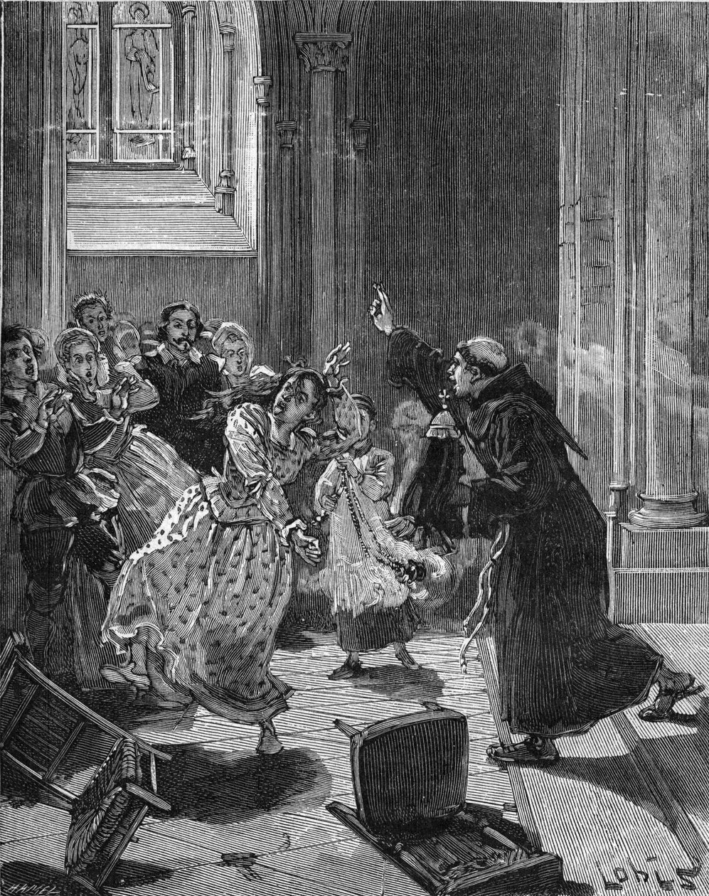 Paris, Igreja Sainte Genevieve (Sainte-Genevieve) (1599): um monge capuchinho tentando exorcizar uma mulher, Martha, afirmando ser possuída pelo Diabo. Gravura do século XIX. Em "Histoire de France", de Jules Michelet de Unknown artist