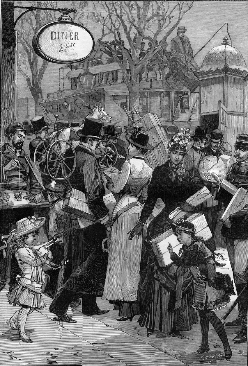 Paris: Packet Week: Os parisienses fazem compras e compram brinquedos para presentes de Natal. Gravura no "Le Monde Illustré". de Unknown artist