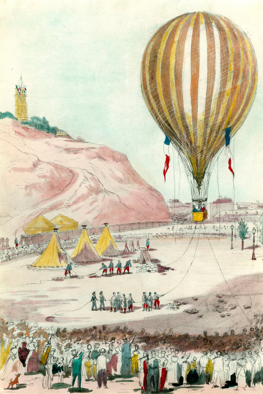 Sede em Paris a partir de 1870: vista de um dos balões utilizados para a comunicação com o exterior em Paris. Aquarela do século XIX Coleção Particular de Unknown artist